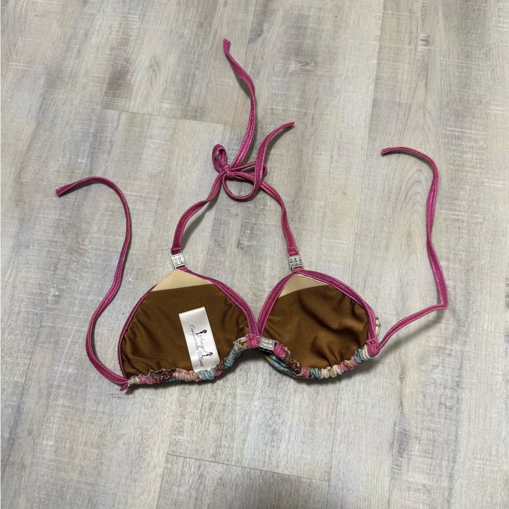 Pink Trim Multicolor Print Triangle Bikini Top and Tie-Side Bottoms - Picture 4 of 4